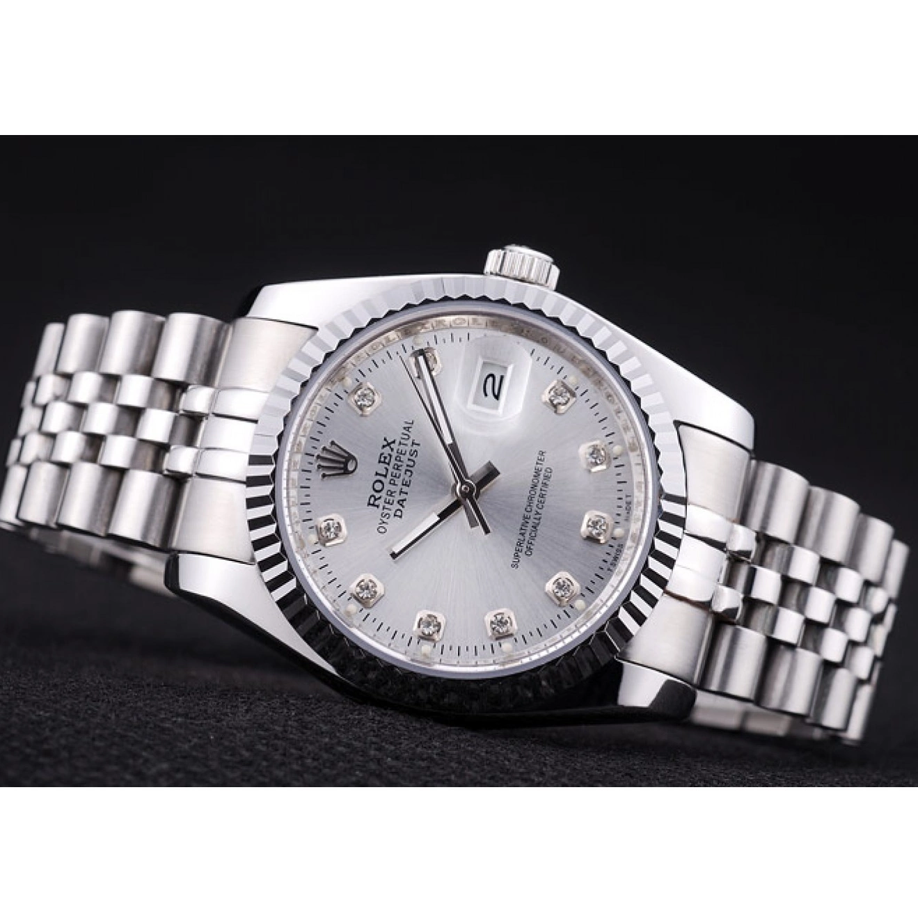Aaa replica watch Diamonds Ribbed Rolex Bezel 7455 Datejust Silver Dial 0723